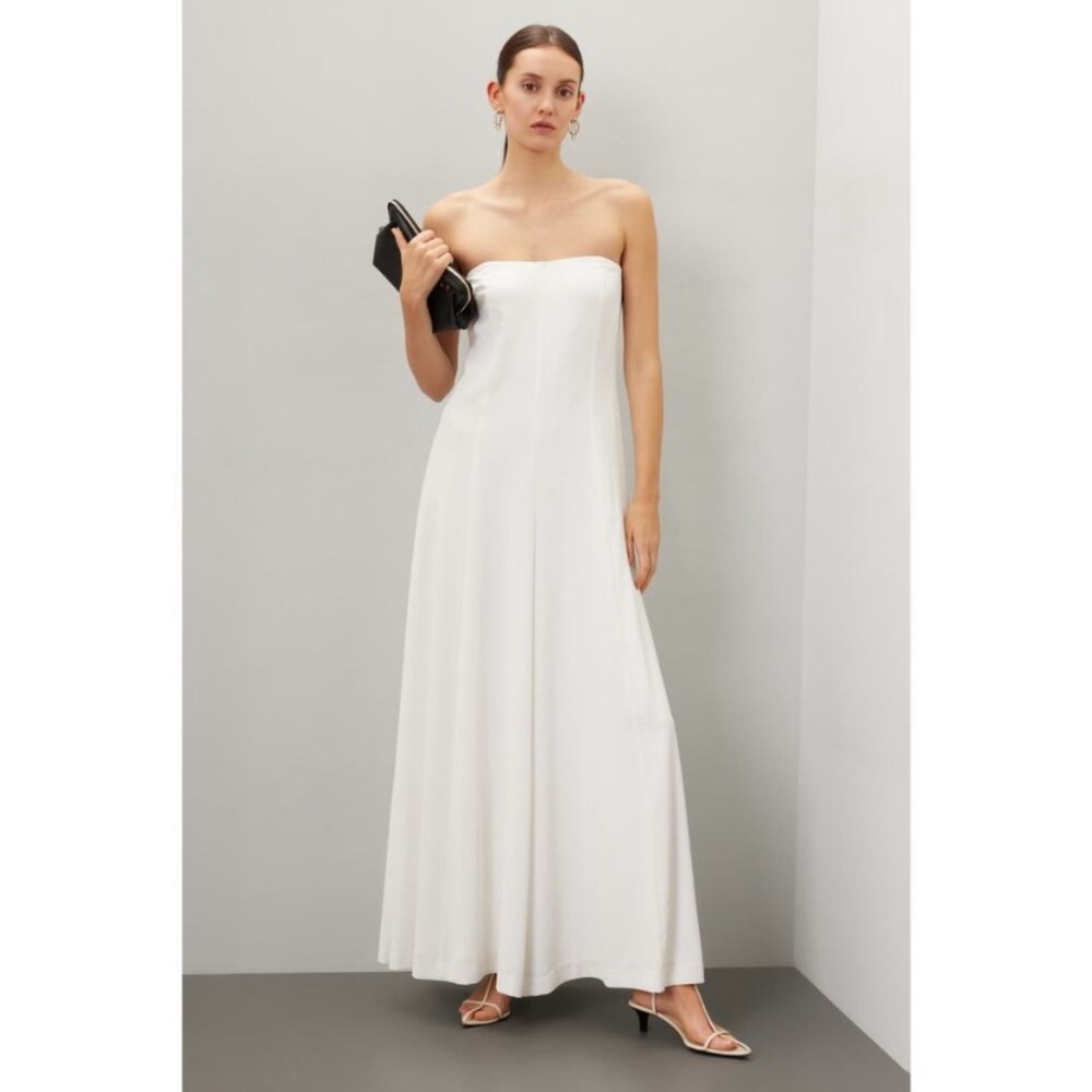 ROSETTA GETTY STRAPLESS JUMPSUIT WHITE CREPE FLOWY WIDE LEG JUMPSUIT BACK ZIP 6 - Picture 6 of 13